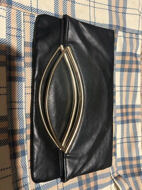 Black Leather Clutch with Gold Double Arc Detail